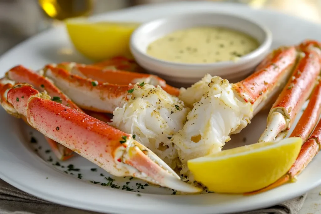 Plate of crab legs with garlic butter sauce and lemon slices.