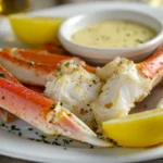 Plate of crab legs with garlic butter sauce and lemon slices.