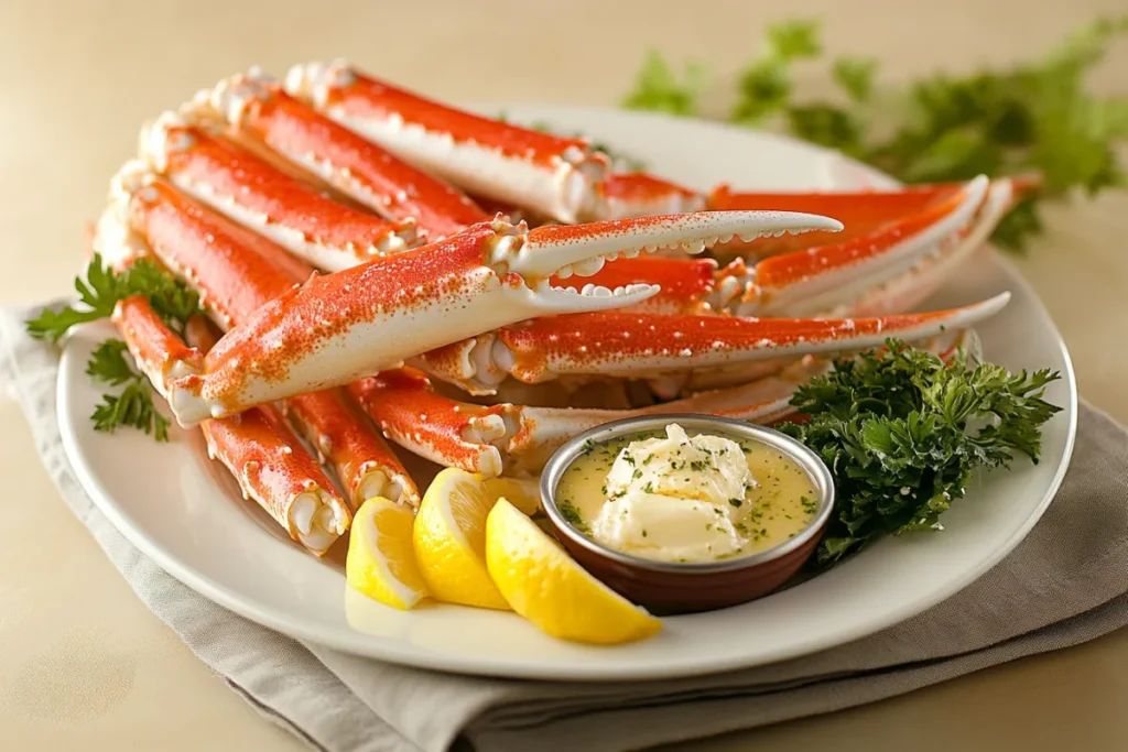 Steamed crab legs served with melted butter and lemon slices.