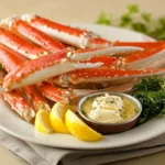 Steamed crab legs served with melted butter and lemon slices.