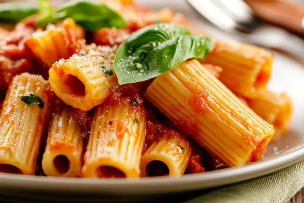 Close-up of cooked rigatoni pasta with tomato sauce