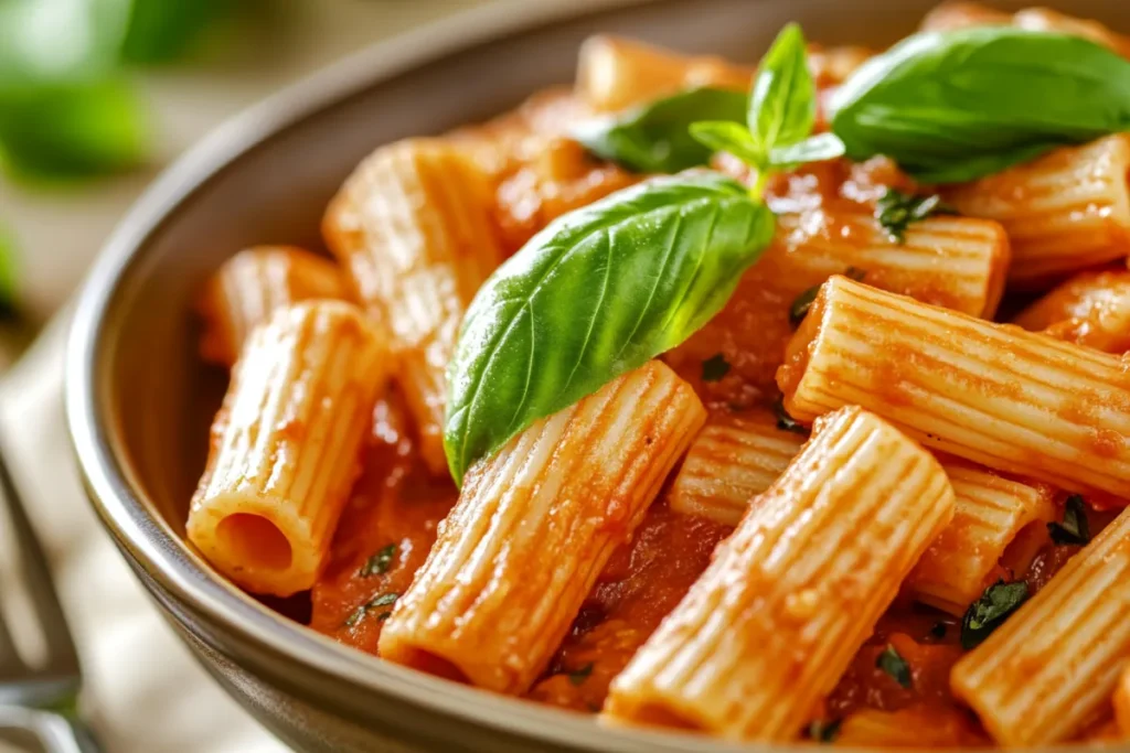 Plate of rigatoni pasta with marinara sauce and basil