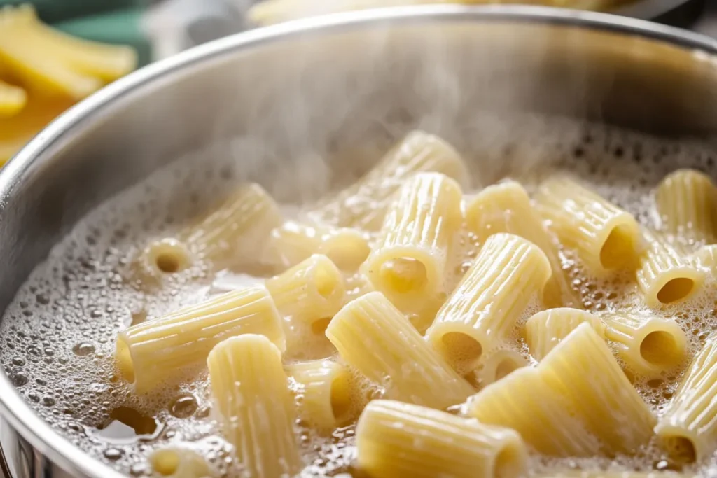 Rigatoni pasta cooking in boiling water