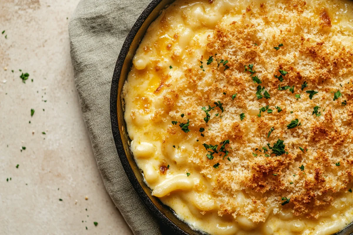 A cast iron skillet filled with creamy smoked mac and cheese topped with golden breadcrumbs.