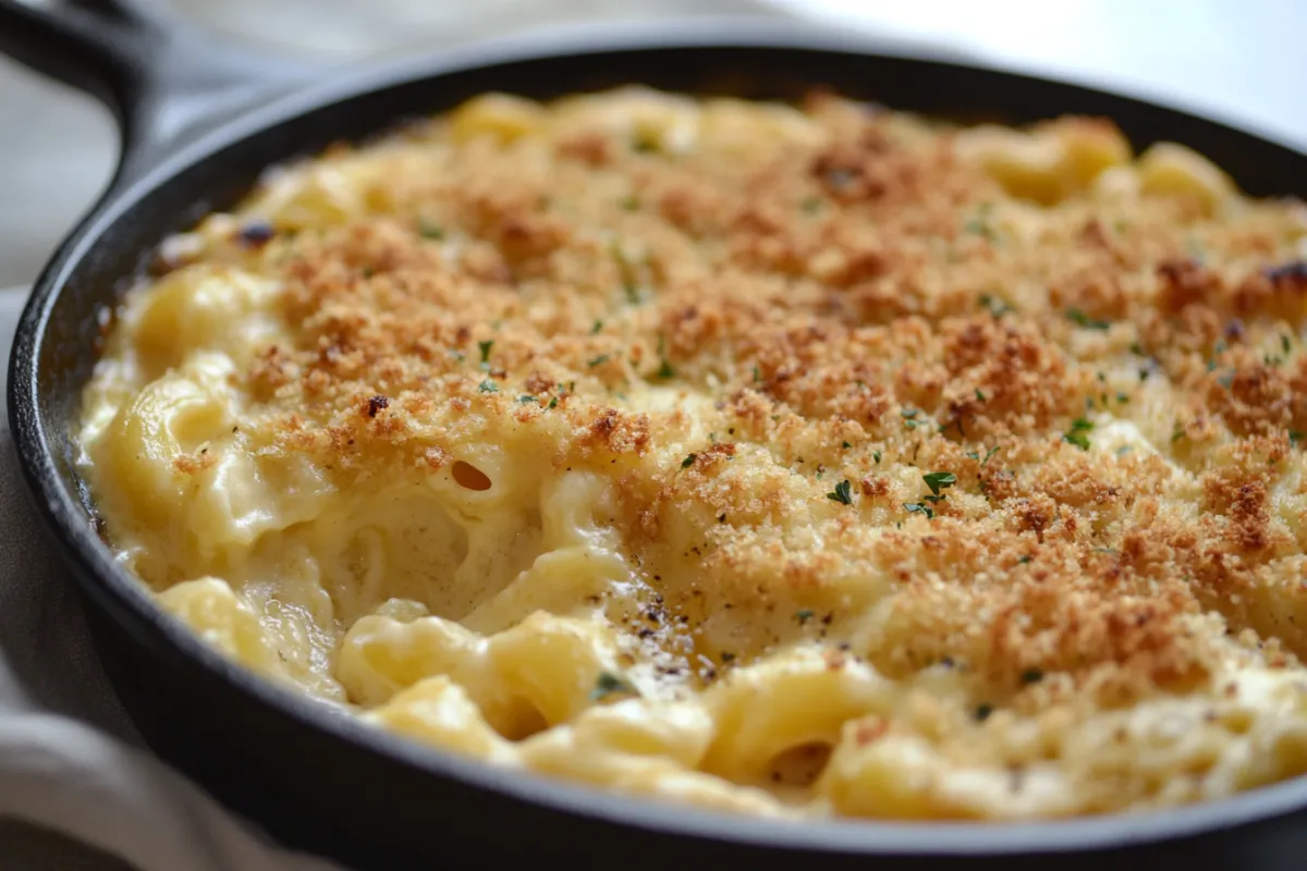 A cast iron skillet filled with creamy mac n cheese, freshly smoked to perfection with a golden breadcrumb topping.