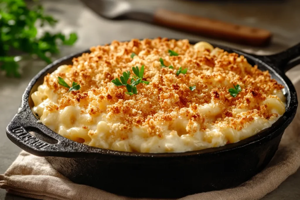 Close-up of creamy smoked mac and cheese with a golden breadcrumb topping in a cast iron skillet.