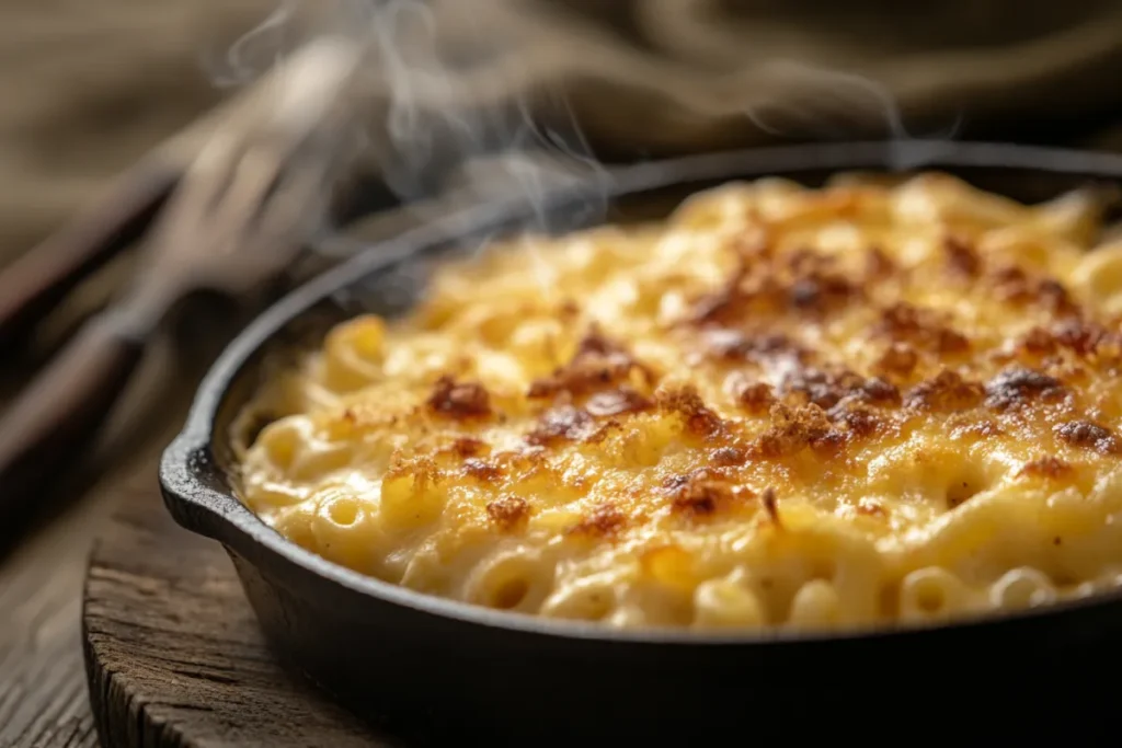 Smoked mac and cheese in a cast-iron skillet with wood chips