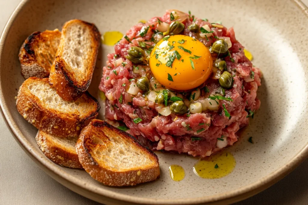 Fresh beef tartare topped with egg yolk, served with toasted baguette slices.