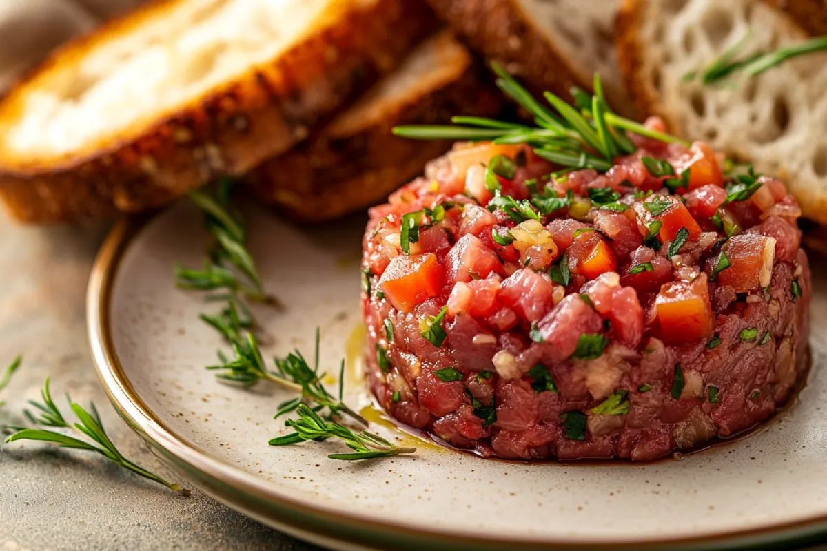 A plated dish of steak tartare garnished with fresh herbs and served with toast