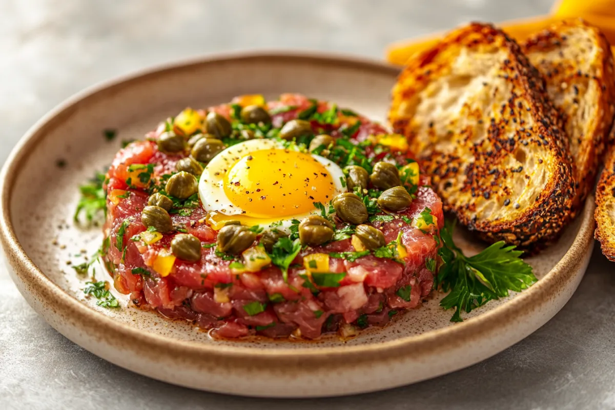 Fresh beef tartare served with egg yolk and herbs.