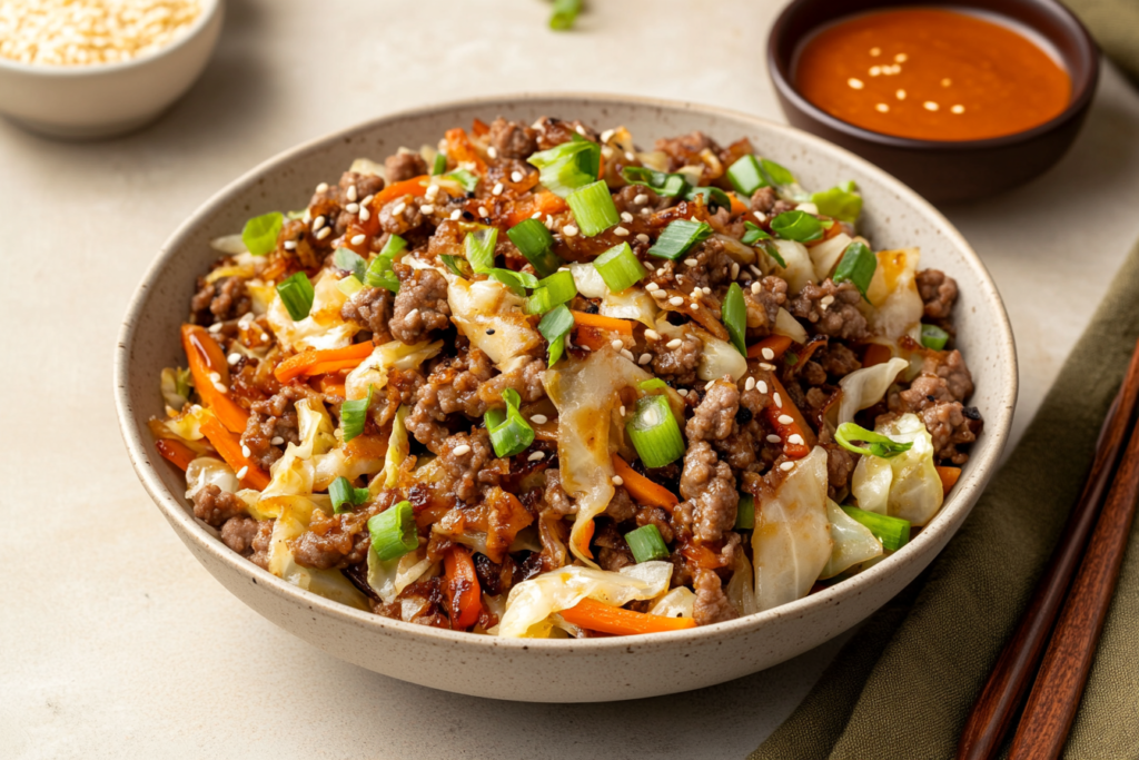 A bowl of deconstructed egg roll with ground meat, cabbage, and sesame seeds