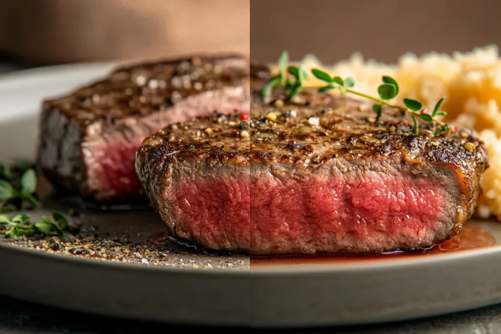 Perfectly cooked medium rare steak on a plate with herbs.