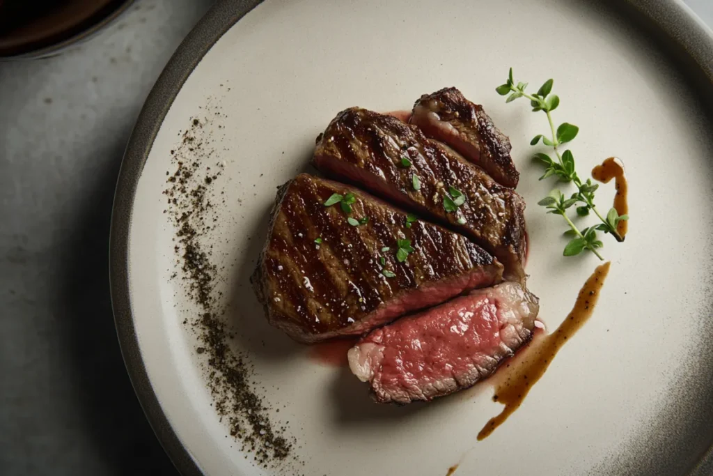 Perfectly cooked medium-rare steak on a plate with herbs.