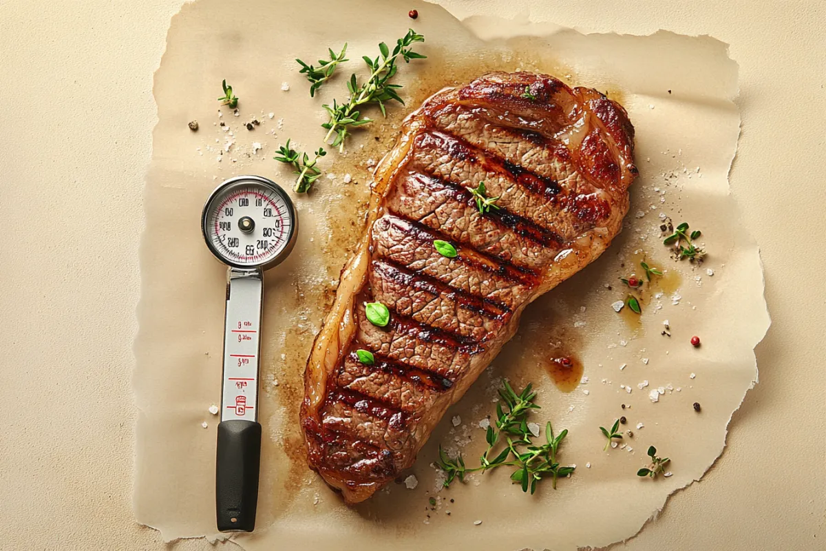 Grilled steak on a plate with a meat thermometer