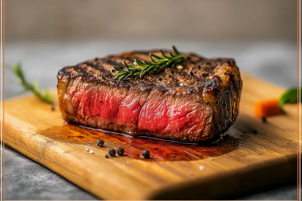 Perfectly cooked medium-rare steak resting on a wooden cutting board.