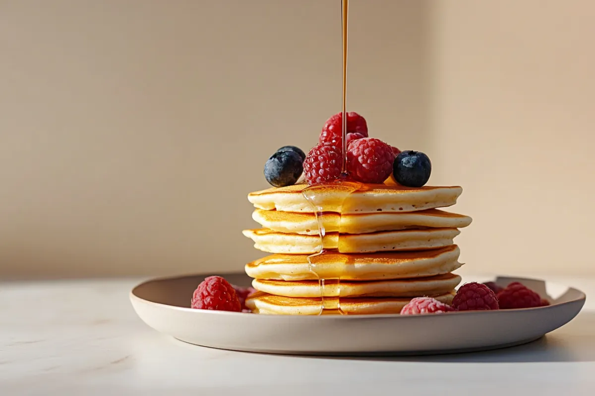 Stack of golden mini pancakes topped with fresh berries and syrup.