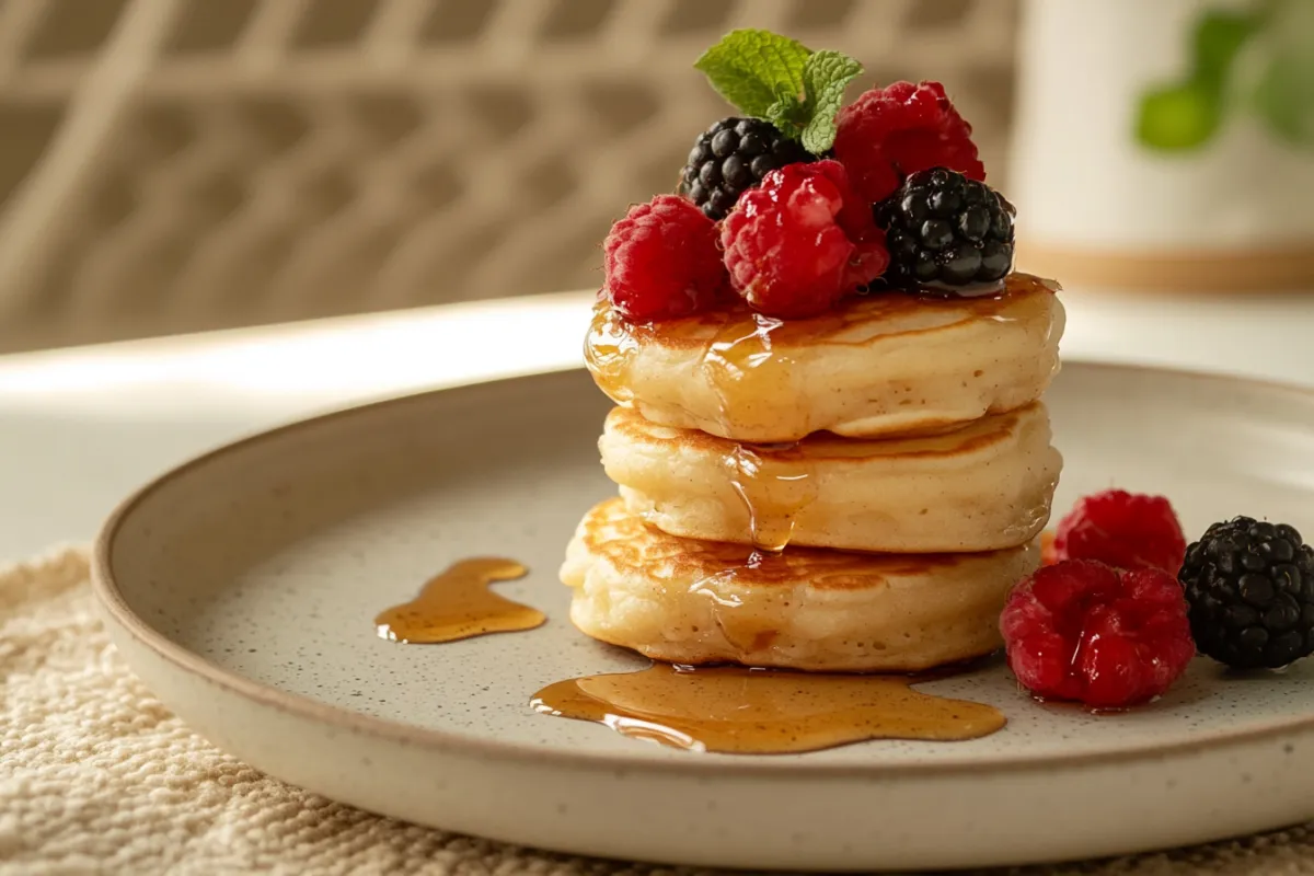 A stack of fluffy mini pancakes topped with fresh berries and syrup.