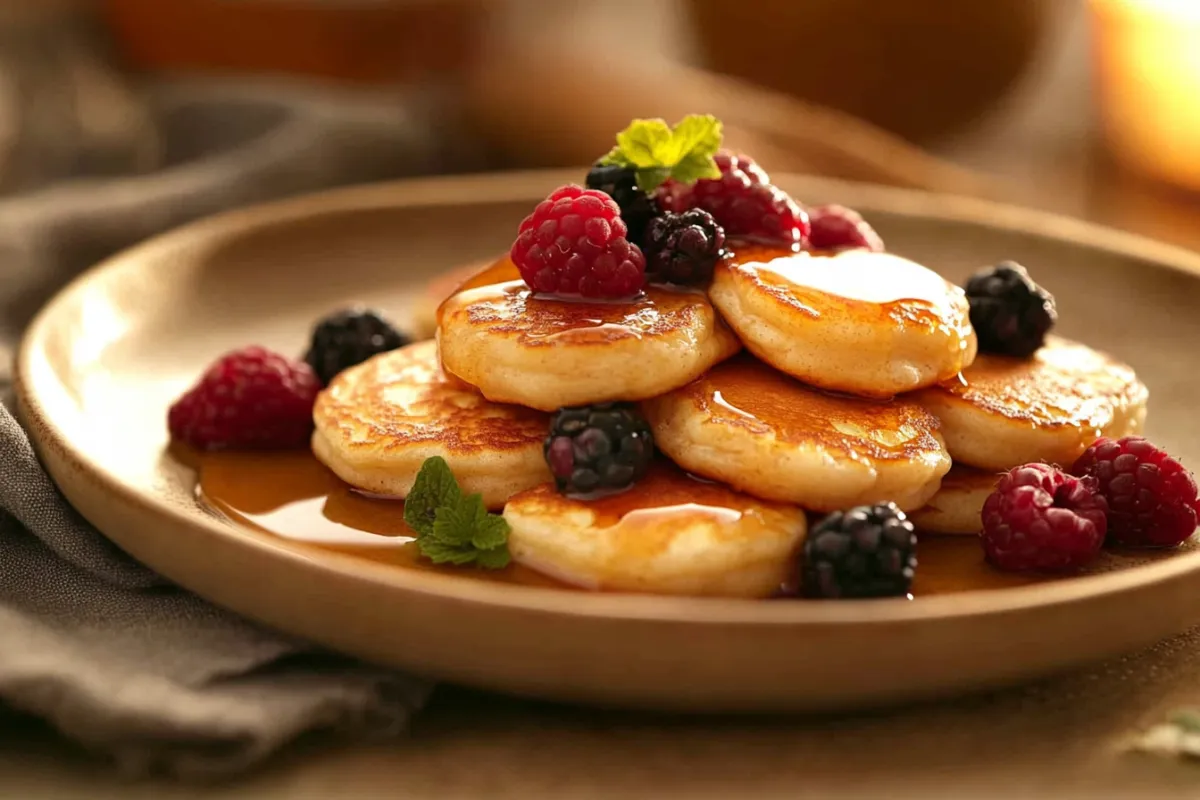 Small round pancakes cooking on a non-stick pan