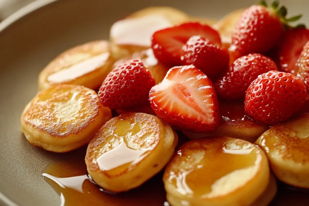 Golden mini pancakes on a plate with fresh berries and syrup