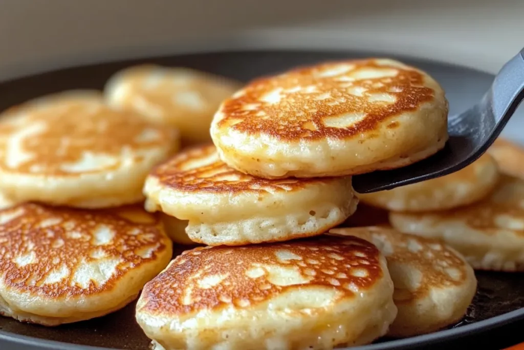 Spatula flipping mini pancakes in a pan