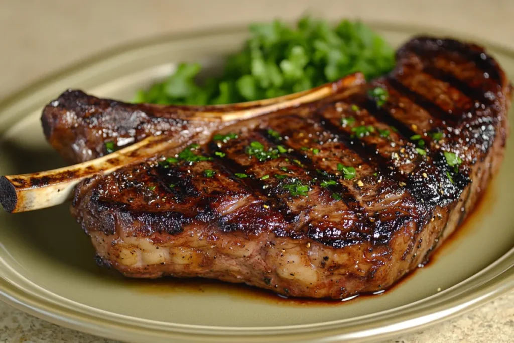 Tomahawk steak on a grill with perfect sear marks.