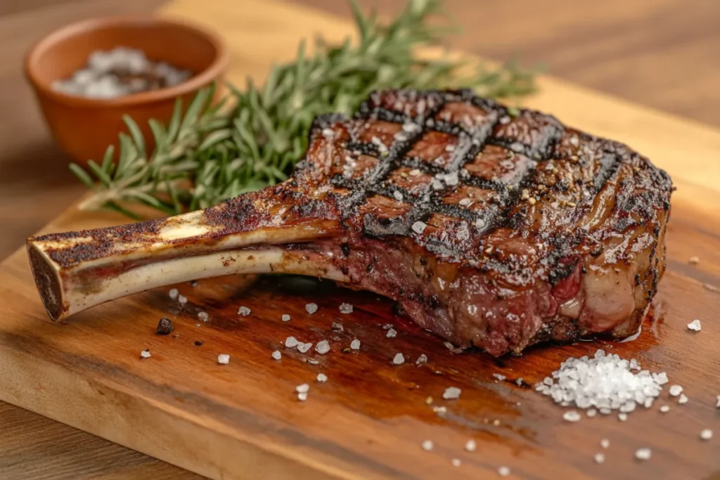 Tomahawk steak with bone-in ribeye cut, showcasing rich marbling and impressive size