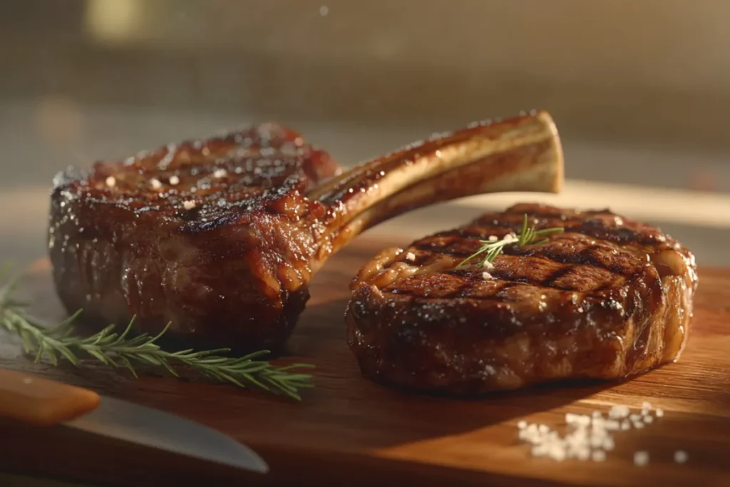 Tomahawk steak and ribeye side by side, showcasing size and marbling differences