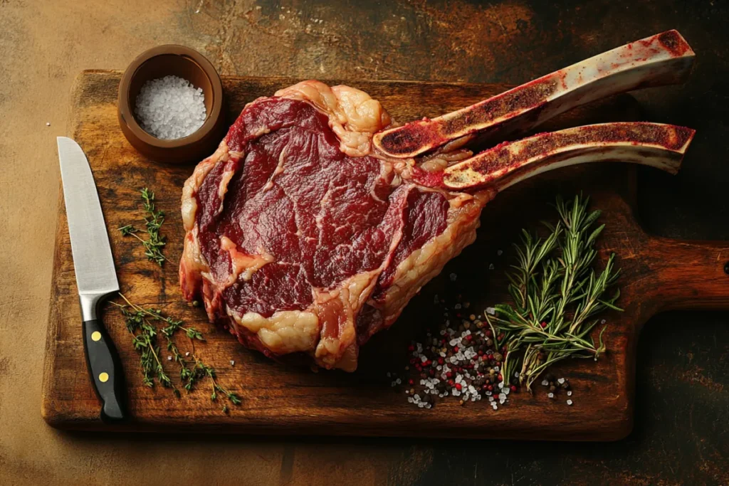 A raw tomahawk steak showing its long Frenched rib bone and marbling