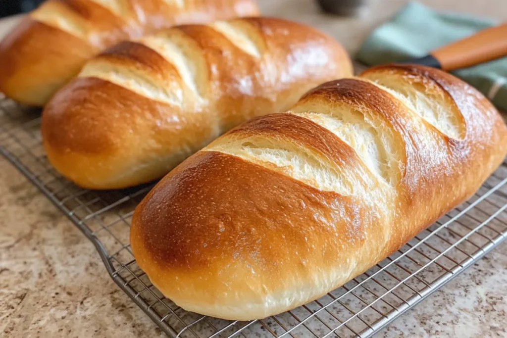 Freshly baked French bread with a crispy crust and soft center on a cooling rack.