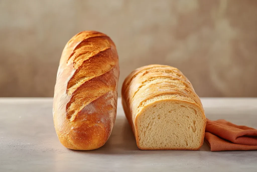 Freshly baked French bread loaves with a crispy crust next to soft, uniform loaves of regular bread.