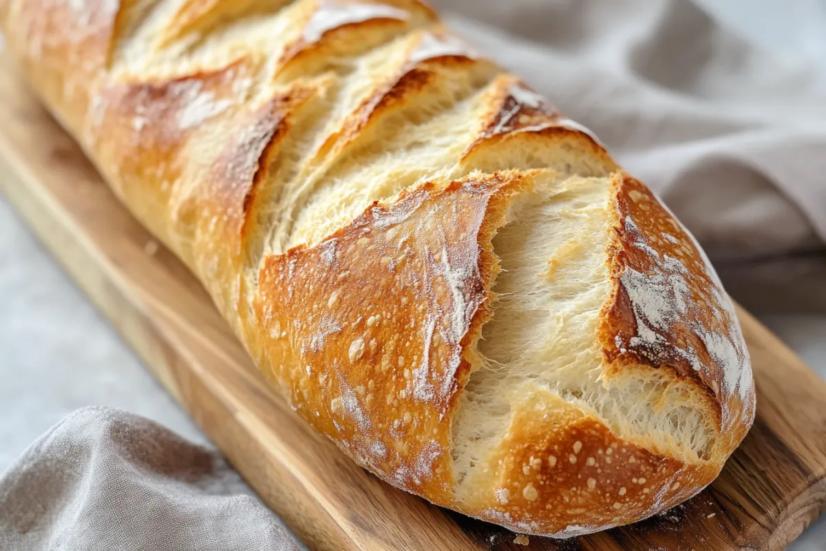 Close-up of freshly baked French baguette with a crispy crust.