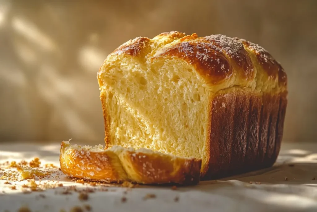 Soft, golden brioche loaf with a buttery crust, sliced on a wooden board