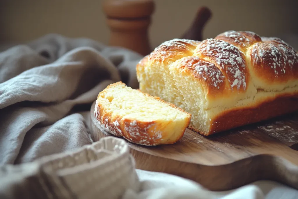 Freshly baked brioche loaf with a golden-brown crust on a wooden board