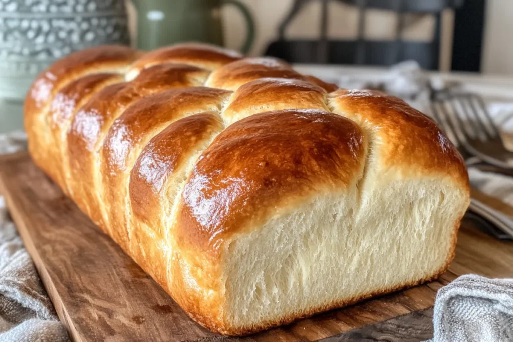 A freshly baked golden brioche loaf on a wooden board