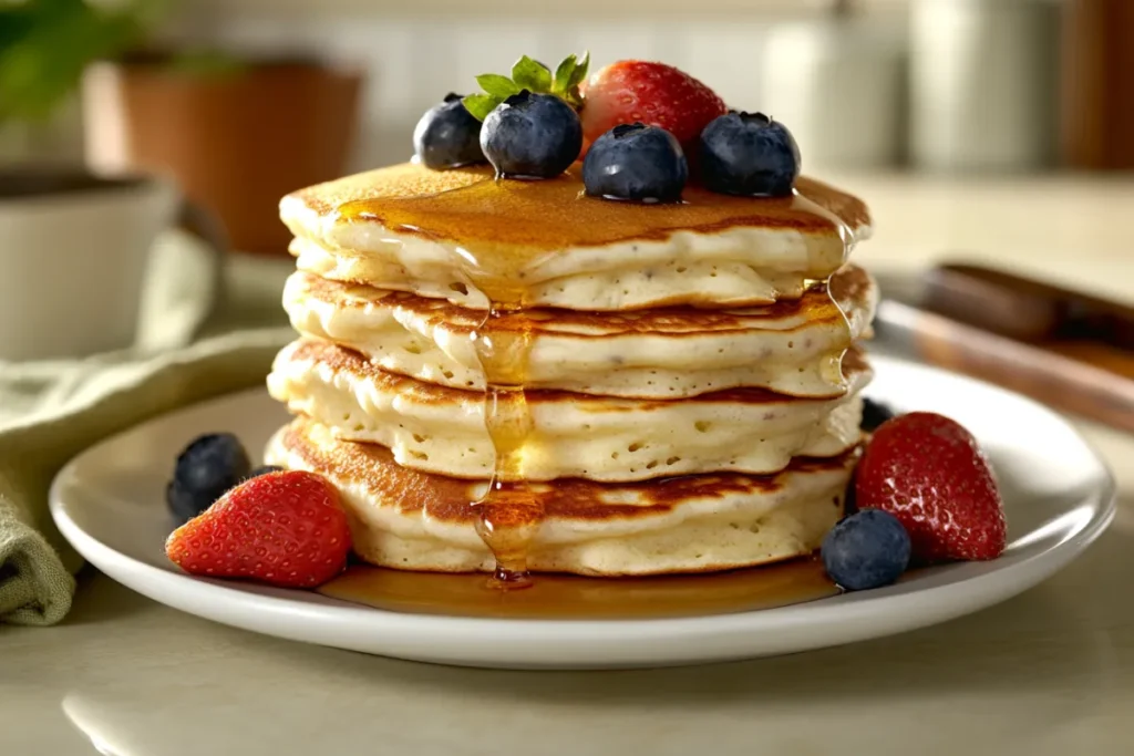 Fluffy cottage cheese pancakes topped with fresh berries and syrup