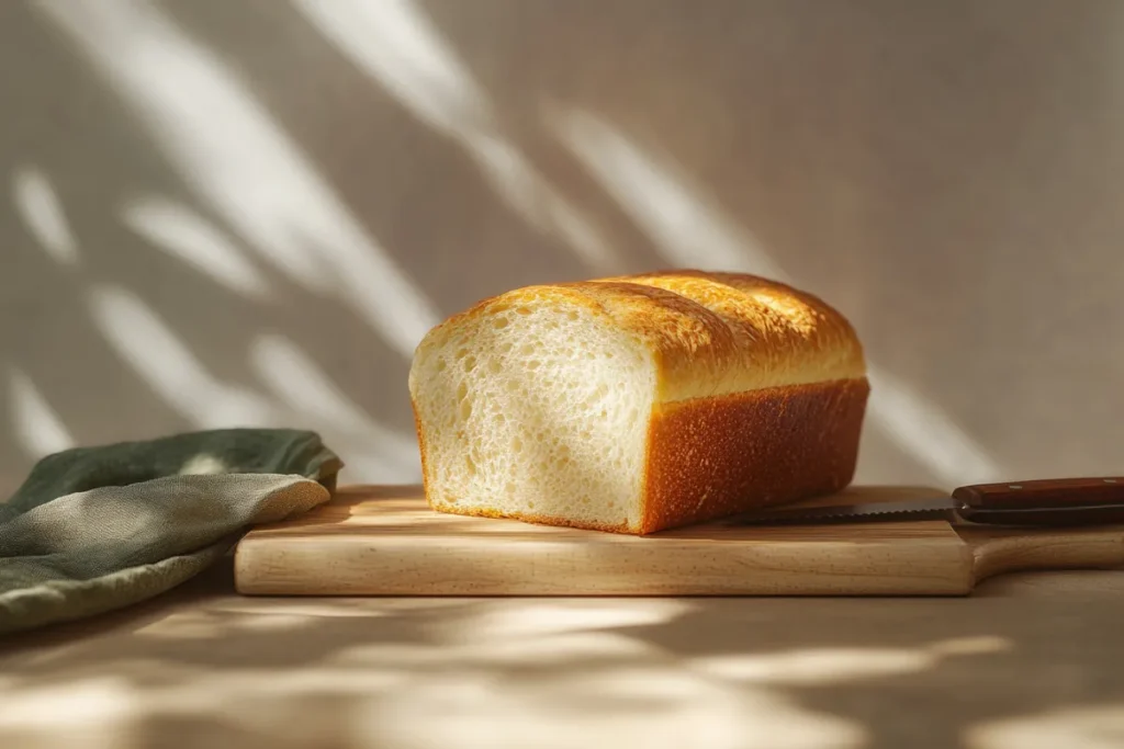 Soft white sandwich bread loaf on a wooden board.