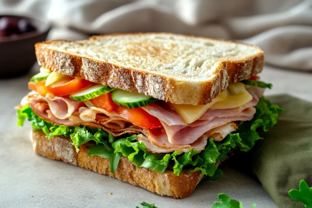 Variety of bread options for sandwiches displayed on a wooden cutting board