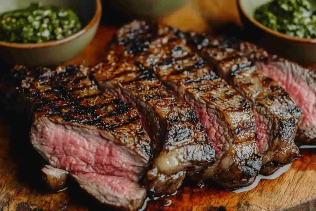 Juicy grilled picanha steak sliced and served with chimichurri sauce on a rustic wooden board.