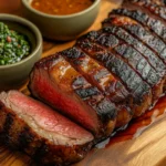 Close-up of a grilled picanha steak with a golden fat cap, served on a wooden board.