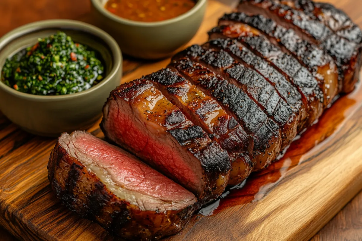 Close-up of a grilled picanha steak with a golden fat cap, served on a wooden board.