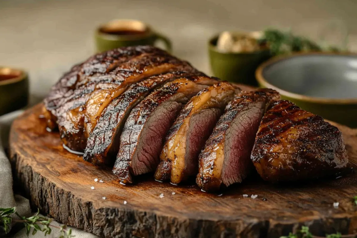 Grilled picanha steak with crispy fat cap, served on a wooden board.