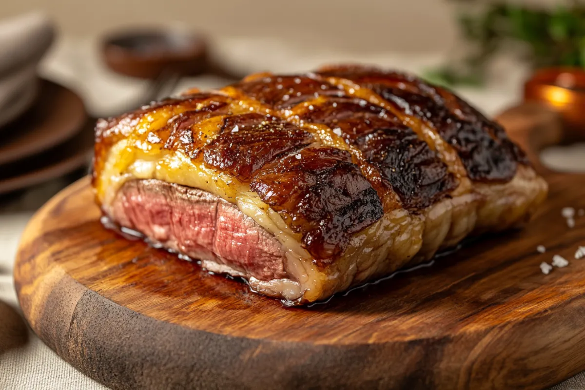 Grilled picanha steak with a golden crispy fat cap on a wooden board.