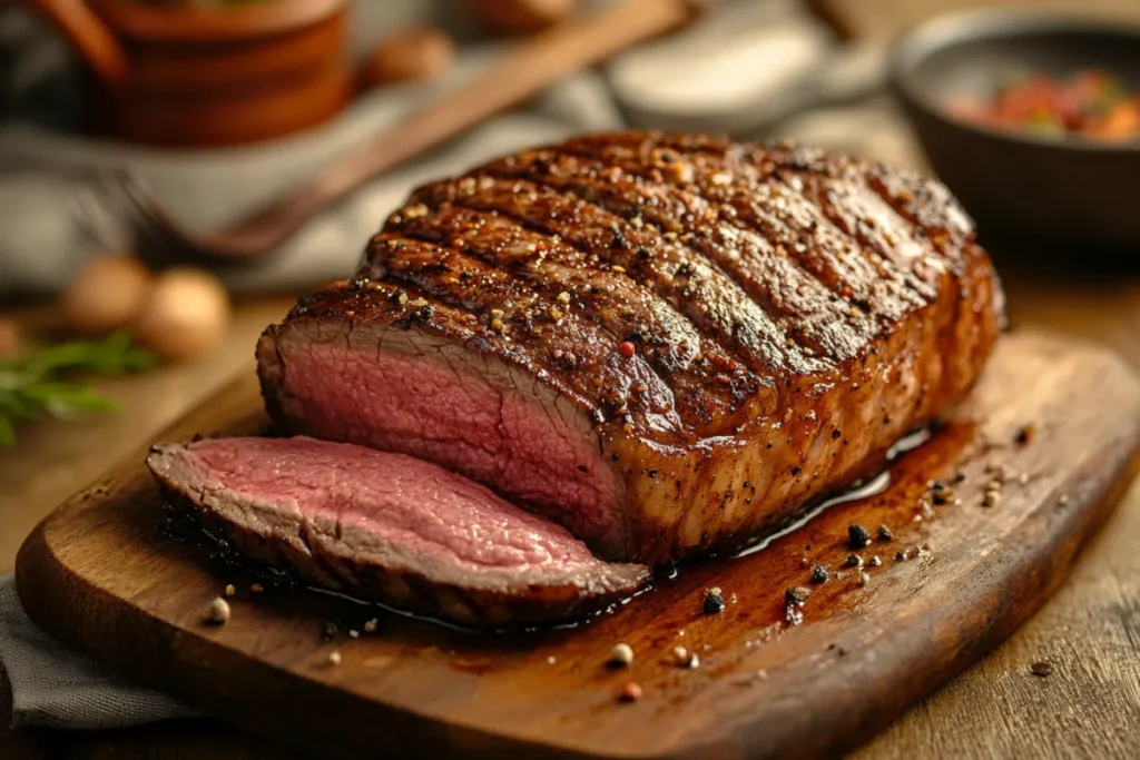 A perfectly grilled picanha steak with a golden-brown fat cap.